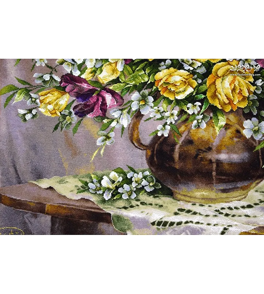 تابلو فرش دستباف طرح گلدان کنار پنجره با رنگ های زنده مناسب دکوراسیون منزل تولید تبریز