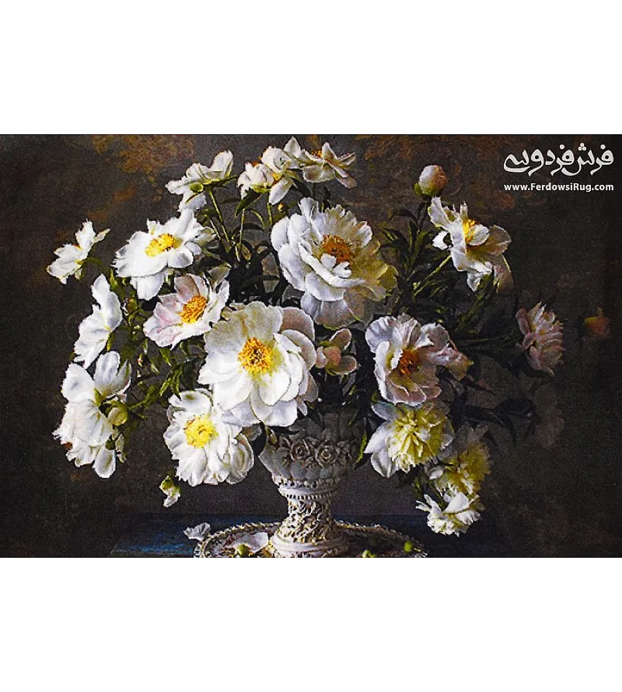 تابلو فرش دستباف طرح گل سفید، هنر تبریز با کیفیت بالا مناسب دکوراسیون داخلی و هدیه ای خاص