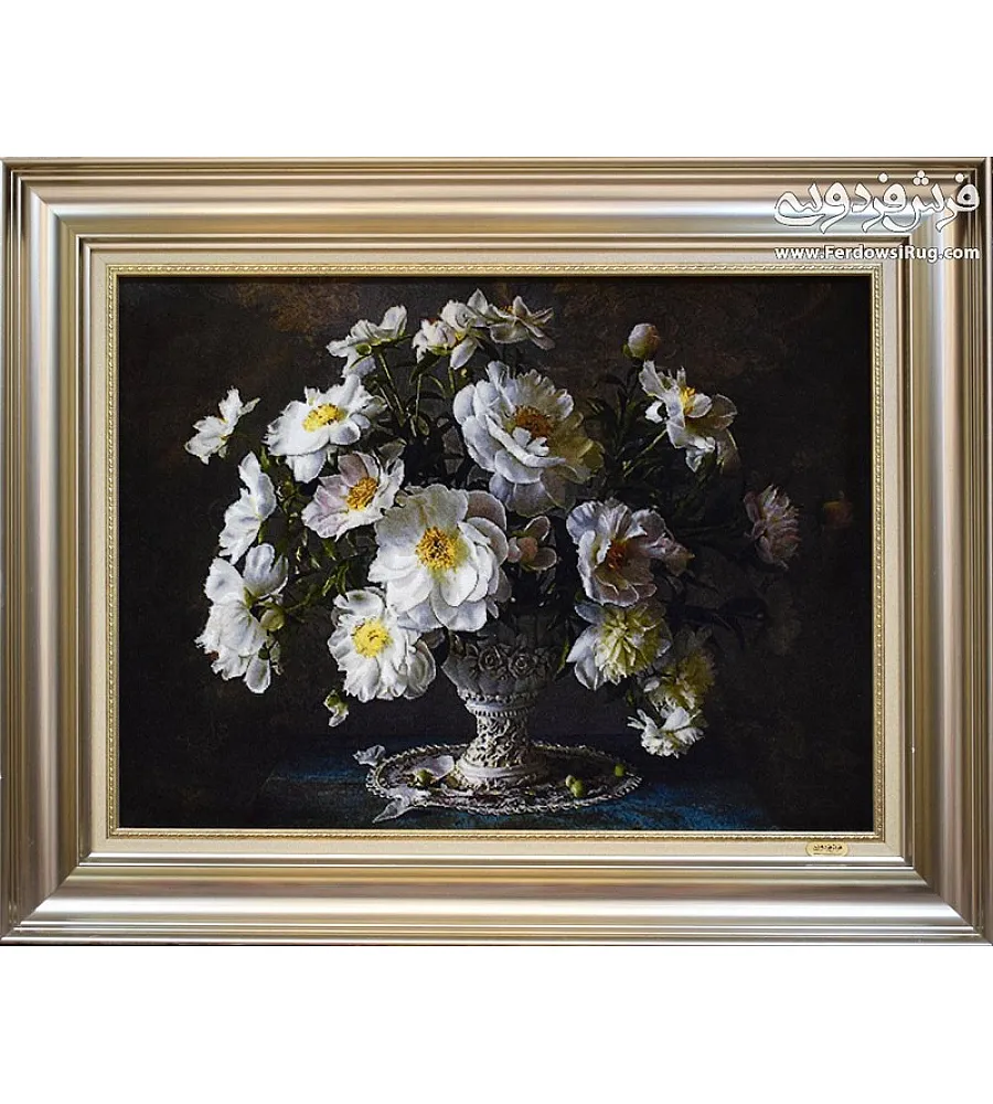 تابلو فرش دستباف طرح گل سفید، هنر تبریز با کیفیت بالا مناسب دکوراسیون داخلی و هدیه ای خاص