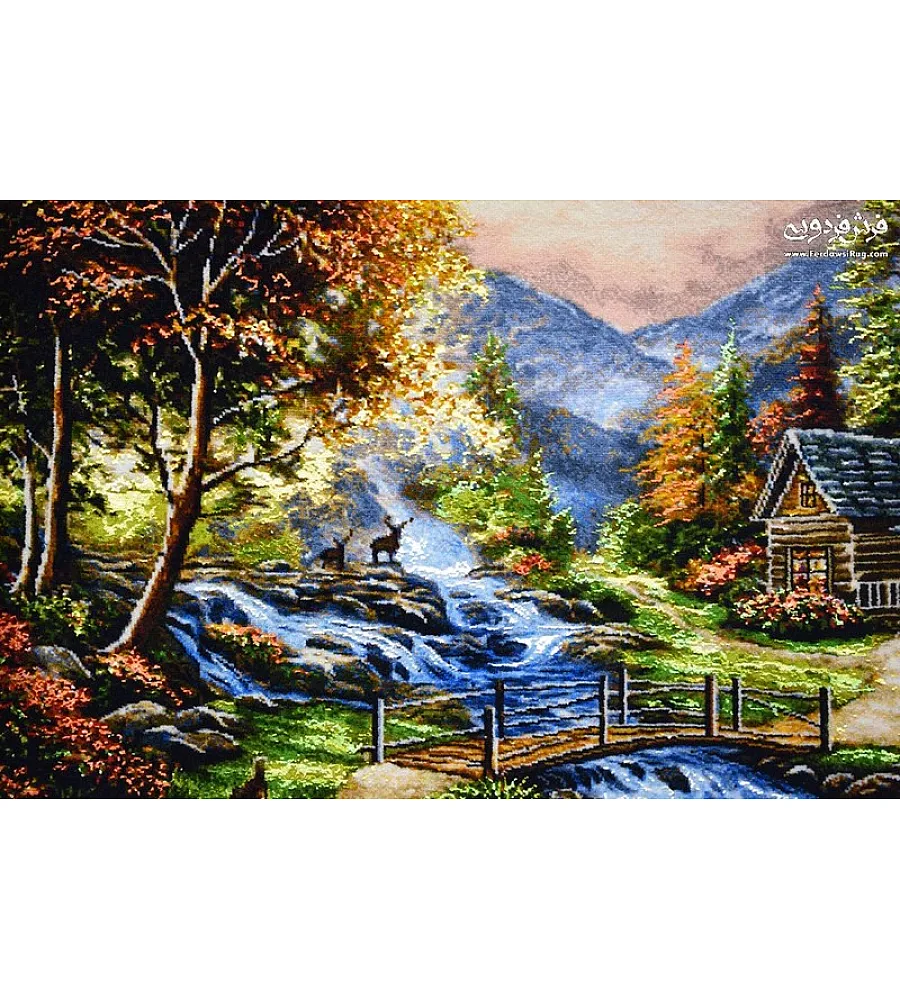 تابلو فرش دستباف طرح کلبه توماس رنگ های گرم بافت تبریز مناسب دکوراسیون کلاسیک و مدرن قاب شیک با کیفیت بالا