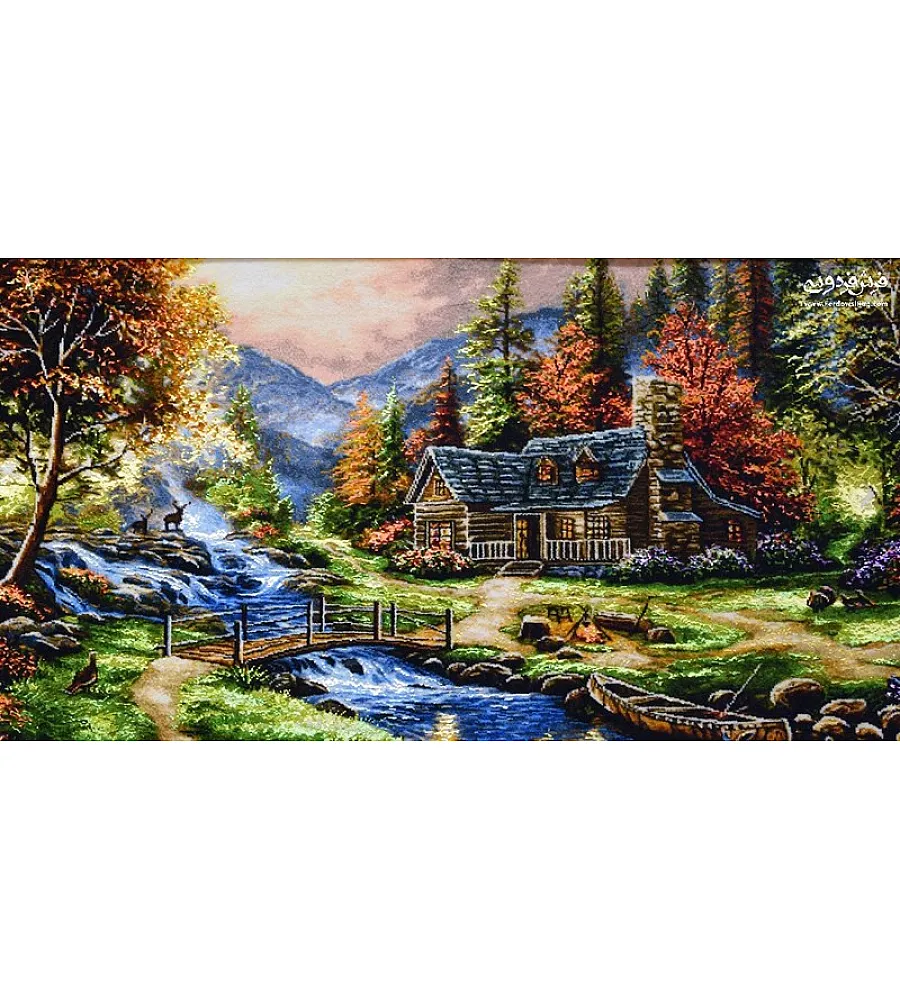 تابلو فرش دستباف طرح کلبه توماس رنگ های گرم بافت تبریز مناسب دکوراسیون کلاسیک و مدرن قاب شیک با کیفیت بالا