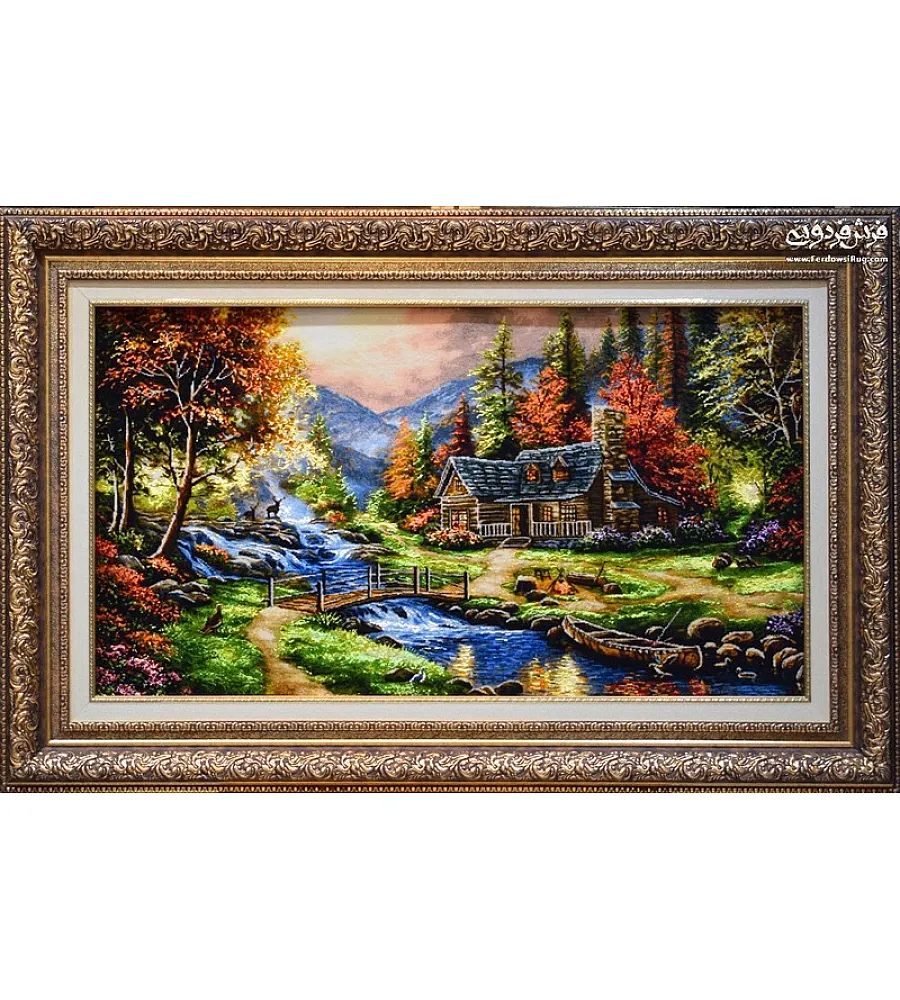 تابلو فرش دستباف طرح کلبه توماس رنگ های گرم بافت تبریز مناسب دکوراسیون کلاسیک و مدرن قاب شیک با کیفیت بالا