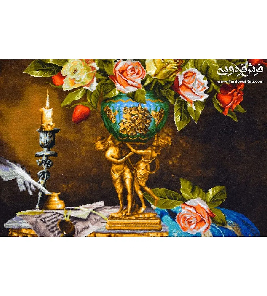 تابلو فرش دستباف طرح گلدان رز سلطنتی با رنگ های چشم نواز مناسب دکوراسیون کلاسیک تولید تبریز