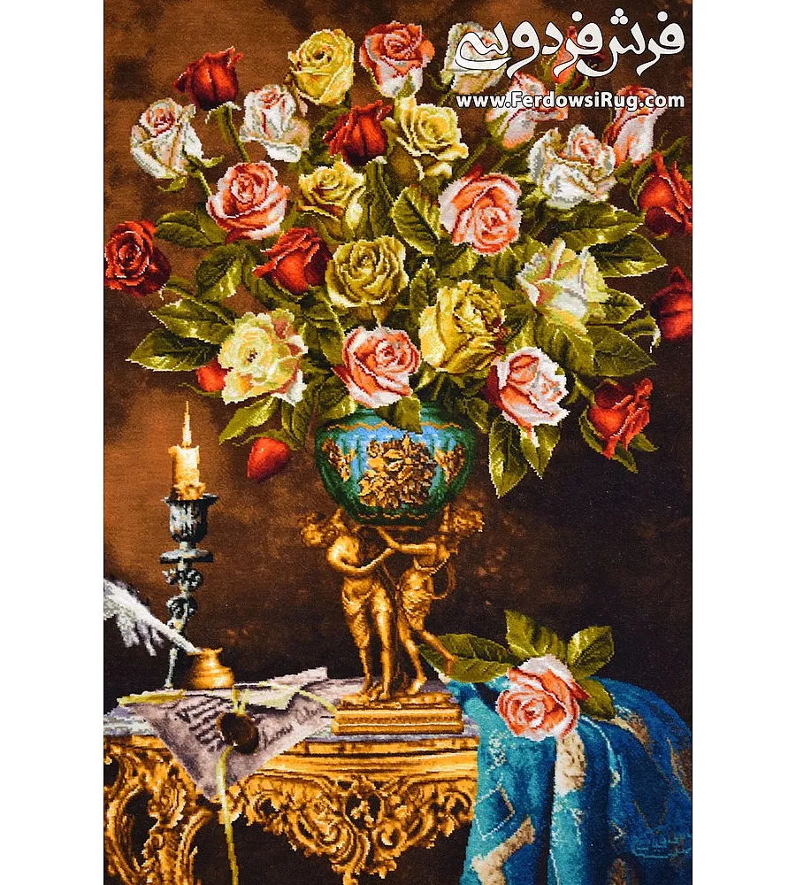 تابلو فرش دستباف طرح گلدان رز سلطنتی با رنگ های چشم نواز مناسب دکوراسیون کلاسیک تولید تبریز