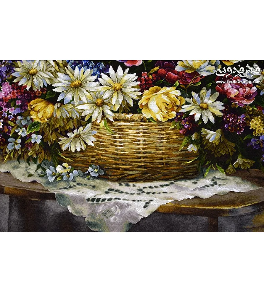 تابلو فرش دستباف طرح سبدگل بابونه رنگارنگ با کیفیت بالا مناسب دکوراسیون داخلی سبک مدرن و کلاسیک 