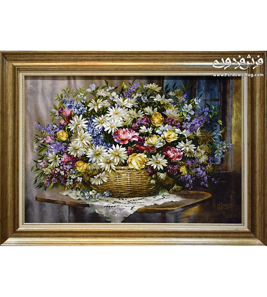 تابلو فرش دستباف طرح سبدگل بابونه رنگارنگ با کیفیت بالا مناسب دکوراسیون داخلی سبک مدرن و کلاسیک 
