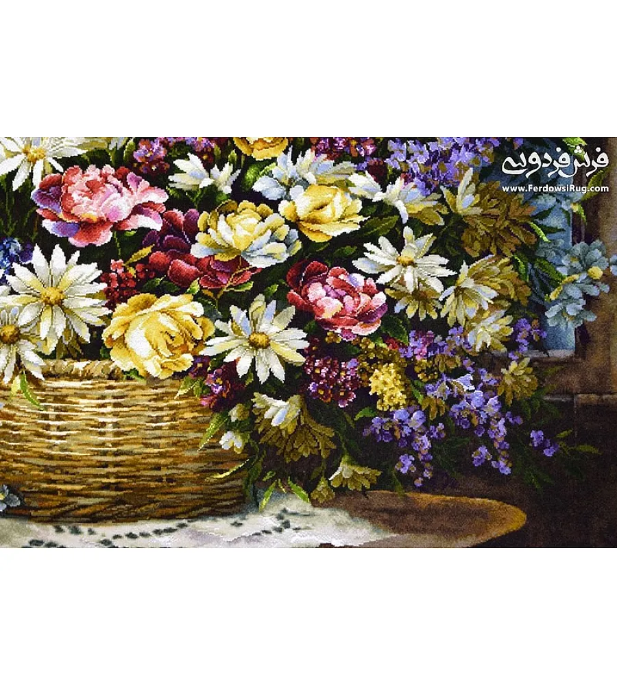 تابلو فرش دستباف طرح سبدگل بابونه رنگارنگ با کیفیت بالا مناسب دکوراسیون داخلی سبک مدرن و کلاسیک 