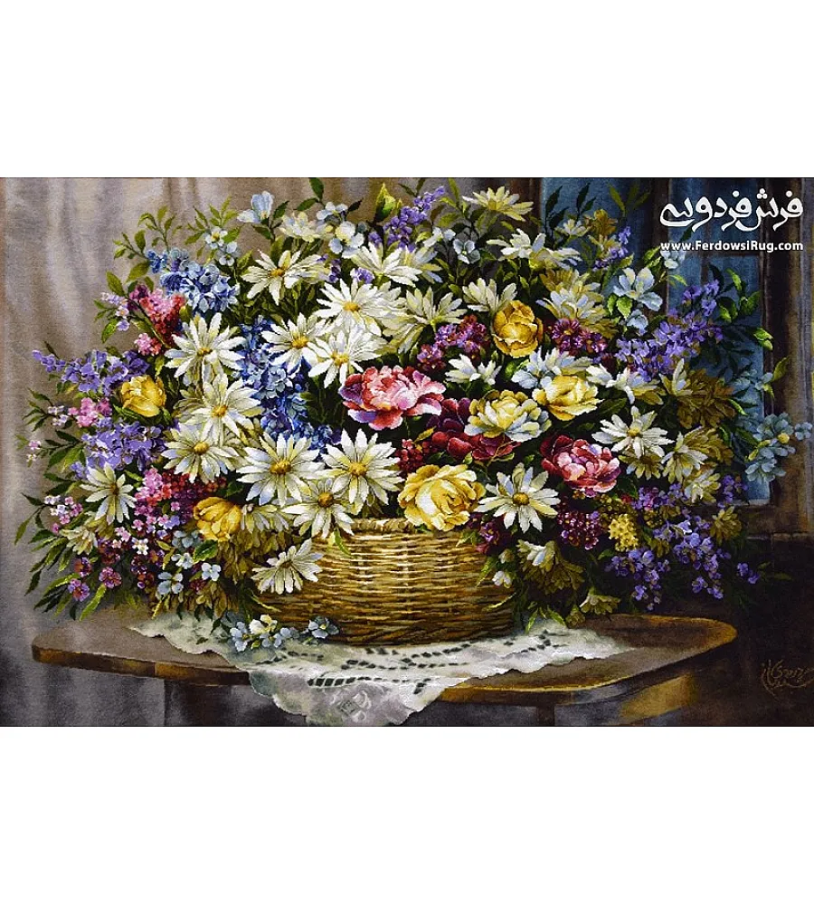 تابلو فرش دستباف طرح سبدگل بابونه رنگارنگ با کیفیت بالا مناسب دکوراسیون داخلی سبک مدرن و کلاسیک 