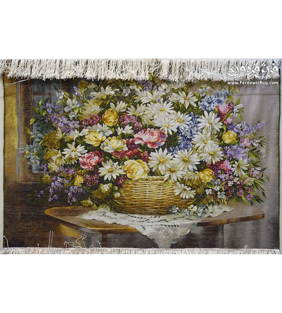 تابلو فرش دستباف طرح سبدگل بابونه رنگارنگ با کیفیت بالا مناسب دکوراسیون داخلی سبک مدرن و کلاسیک 