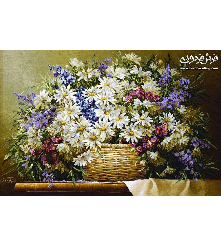 تابلو فرش دستباف تبریز با طرح سبد گل رنگارنگ بافته شده از نخ پشم و ابریشم مناسب تزئین دیوار