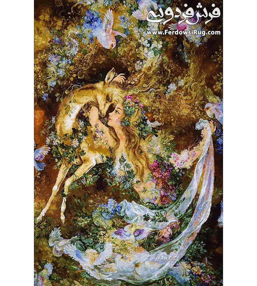 تابلو فرش دستباف طرح مینیاتور بوسه بر آهو تبریز بافته شده در دو متری مناسب دکوراسیون داخلی