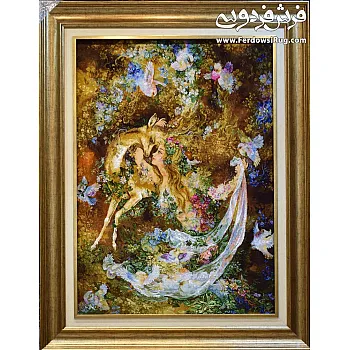 تابلو فرش دستباف طرح مینیاتور بوسه بر آهو طولی بافت تبریز 