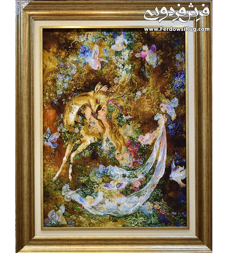 تابلو فرش دستباف طرح مینیاتور بوسه بر آهو تبریز بافته شده در دو متری مناسب دکوراسیون داخلی