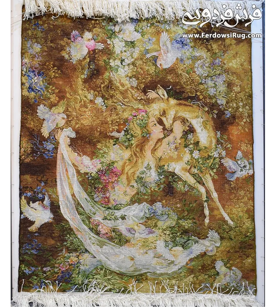 تابلو فرش دستباف طرح مینیاتور بوسه بر آهو تبریز بافته شده در دو متری مناسب دکوراسیون داخلی