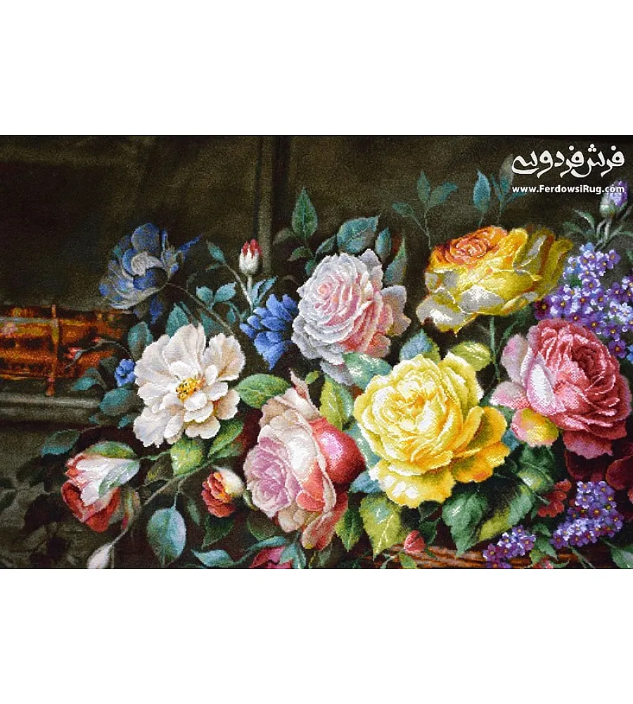 تابلو فرش دستباف تبریز طرح گل خواستگاری رنگ های زنده و بافت هنرمندانه مناسب دکوراسیون داخلی کلاسیک