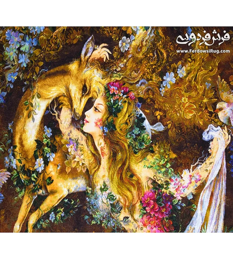 تابلو فرش دستباف تبریز مینیاتور بوسه آهو عرضی بزرگ رنگهای زنده و زیبا هنر ایرانی در خانه شما