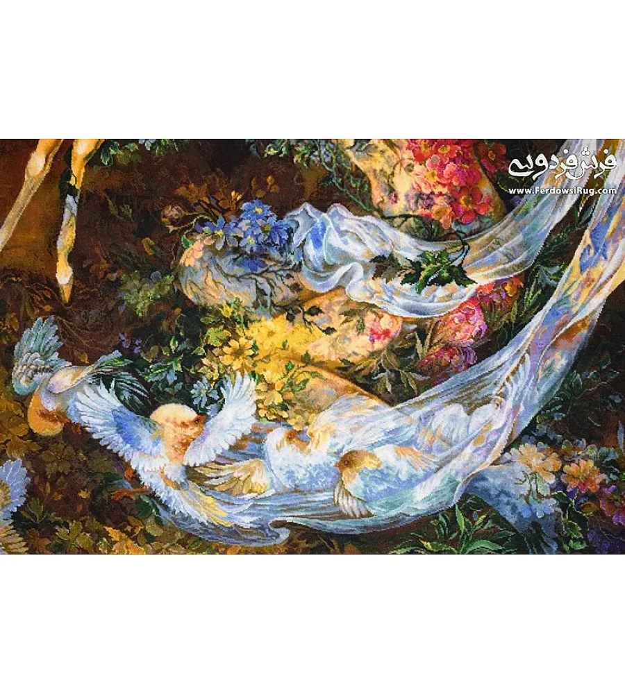 تابلو فرش دستباف تبریز مینیاتور بوسه آهو عرضی بزرگ رنگهای زنده و زیبا هنر ایرانی در خانه شما