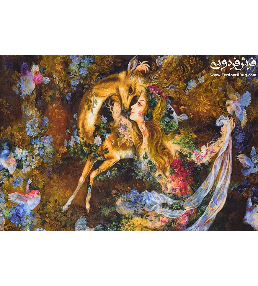 تابلو فرش دستباف تبریز مینیاتور بوسه آهو عرضی بزرگ رنگهای زنده و زیبا هنر ایرانی در خانه شما