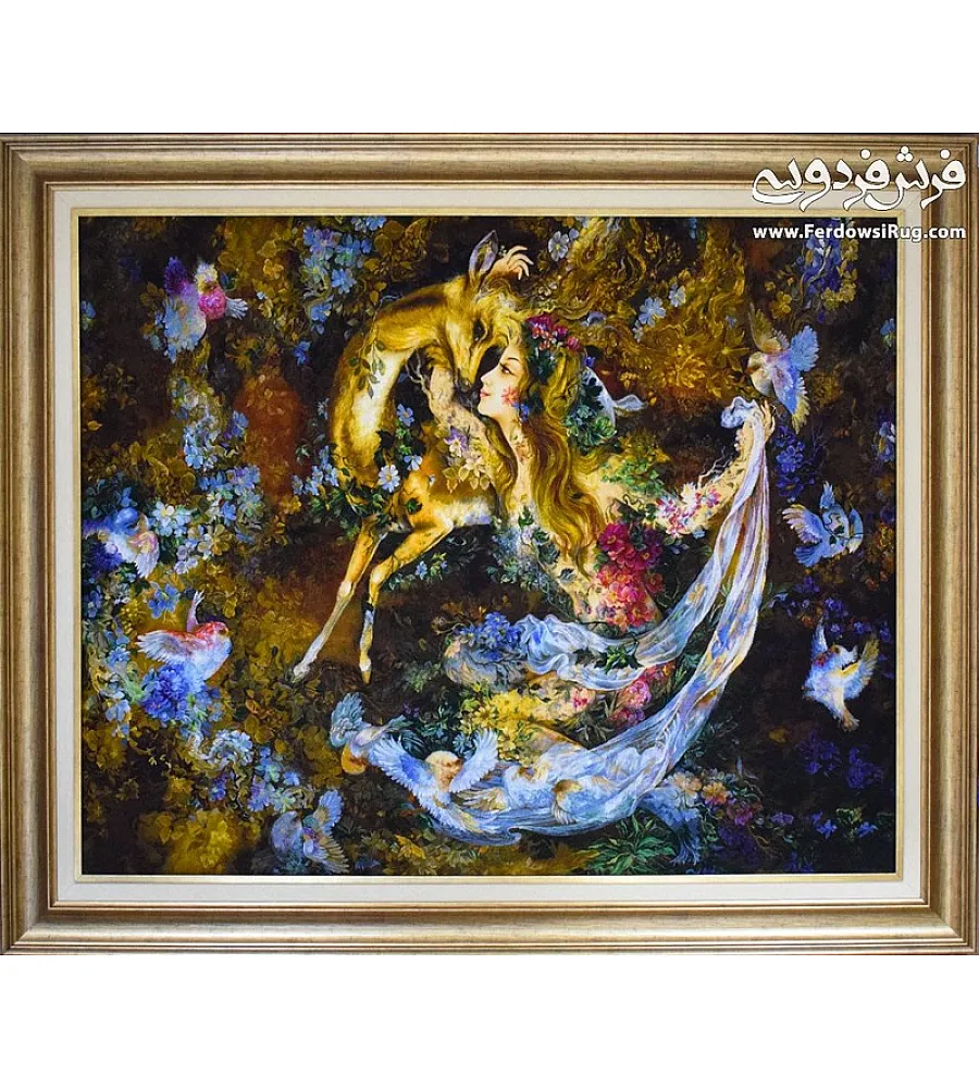 تابلو فرش دستباف تبریز مینیاتور بوسه آهو عرضی بزرگ رنگهای زنده و زیبا هنر ایرانی در خانه شما