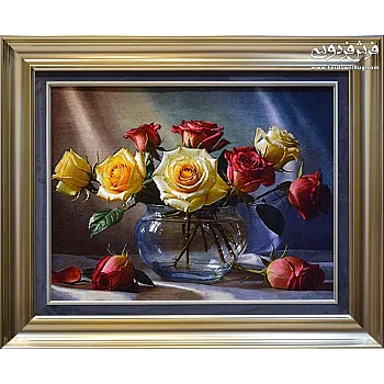 تابلو فرش دستباف طرح گلدان شیشه ای بافت تبریز 
