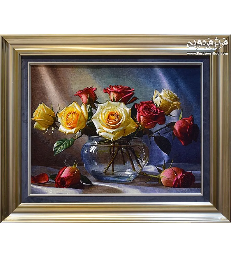 تابلو فرش دستباف تبریز طرح گلدان شیشه ای رنگارنگ مناسب دکوراسیون داخلی با کیفیت عالی