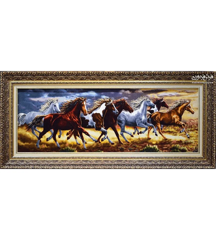 تابلو فرش دستباف گله اسب تبریز رنگهای زنده کیفیت بالا دکوراسیون خاص دستبافت هنری مناسب هدیه عاشقان هنر پیشرفته