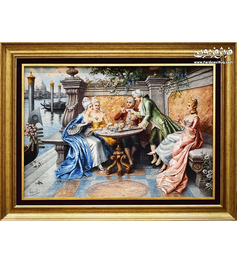 تابلو فرش دستباف تبریز طرح صبحانه خوری ونیز رنگارنگ مناسب دکوراسیون داخلی با کیفیت بالا و جزئیات زیبا