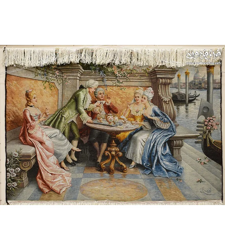 تابلو فرش دستباف تبریز طرح صبحانه خوری ونیز رنگارنگ مناسب دکوراسیون داخلی با کیفیت بالا و جزئیات زیبا