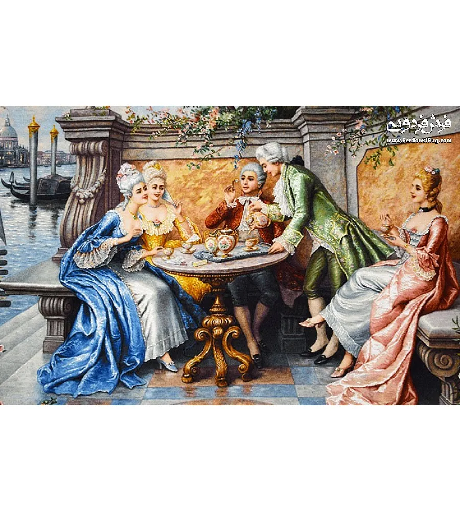 تابلو فرش دستباف تبریز طرح صبحانه خوری ونیز رنگارنگ مناسب دکوراسیون داخلی با کیفیت بالا و جزئیات زیبا