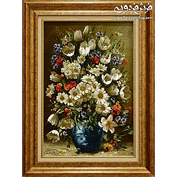 Handwoven Wall Carpet White Tulip Vase Design Tabriz