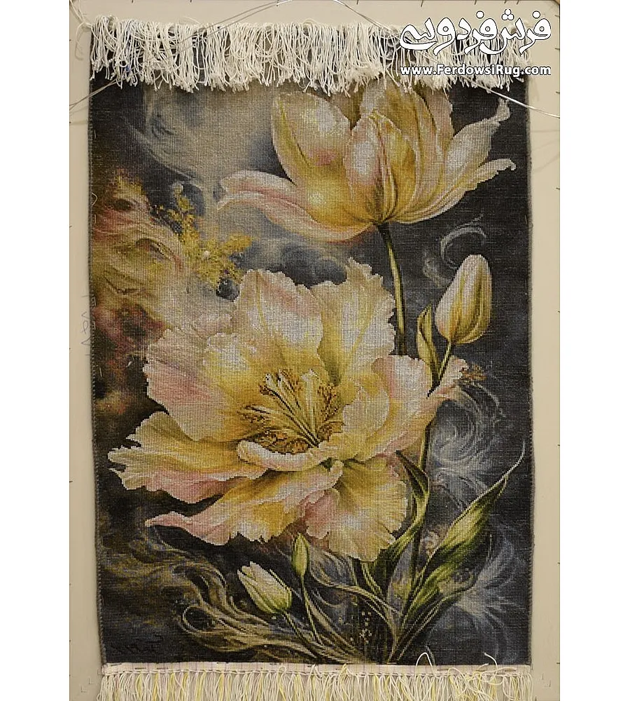 Handmade carpet tableau with vibrant abundant flowers, crafted in fine Tabriz texture, perfect for elegant home decor.