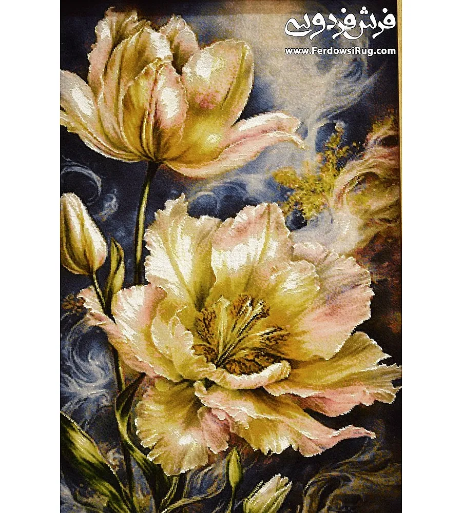 Handmade carpet tableau with vibrant abundant flowers, crafted in fine Tabriz texture, perfect for elegant home decor.