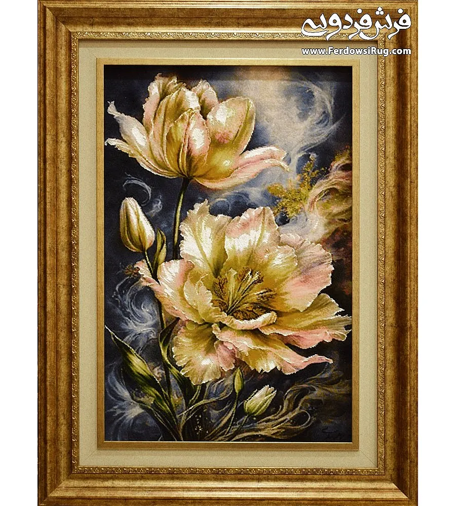 Handmade carpet tableau with vibrant abundant flowers, crafted in fine Tabriz texture, perfect for elegant home decor.