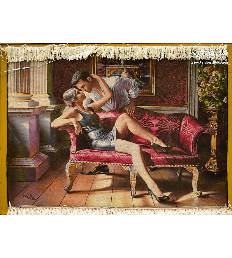 Handwoven wall carpet with a fiancé couple design, Tabriz-inspired, elegant decor for living rooms or bedrooms.
