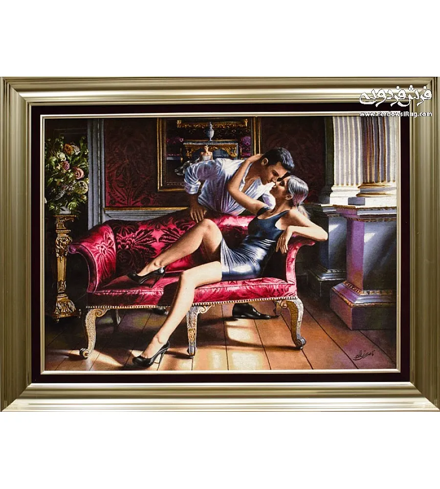 Handwoven wall carpet with a fiancé couple design, Tabriz-inspired, elegant decor for living rooms or bedrooms.