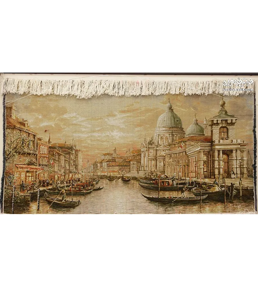 تابلو فرش دستباف تبریز طرح طلوع طلایی ونیز با رنگهای گرم مناسب دکوراسیون کلاسیک و مدرن