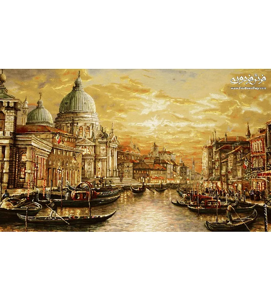 تابلو فرش دستباف تبریز طرح طلوع طلایی ونیز با رنگهای گرم مناسب دکوراسیون کلاسیک و مدرن