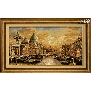 تابلو فرش دستباف طرح طلوع طلایی ونیز بافت تبریز 