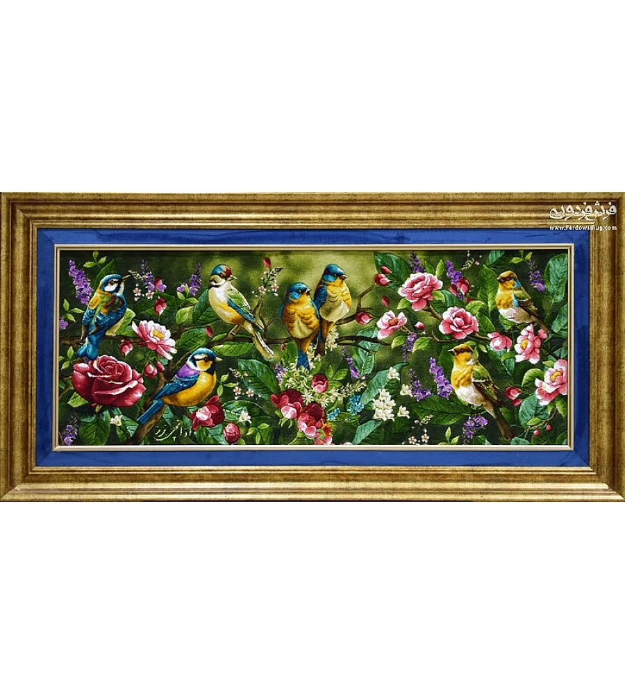تابلو فرش دستباف طرح پرنده های زندگی با رنگ های شاد و ظریف مناسب دکوراسیون منزل تولید تبریز