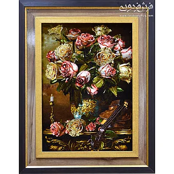 تابلو فرش دستباف طرح گلدان و ویالون بافت تبریز 