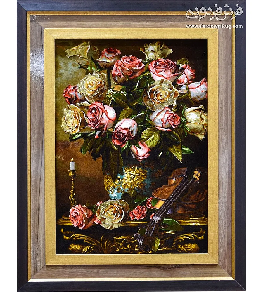 تابلو فرش دستباف تبریز طرح گلدان و ویالون با رنگ های زیبا و کیفیت بالا مناسب دکوراسیون منزل و هدیه