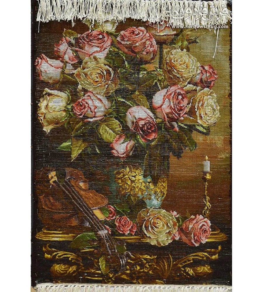 تابلو فرش دستباف تبریز طرح گلدان و ویالون با رنگ های زیبا و کیفیت بالا مناسب دکوراسیون منزل و هدیه