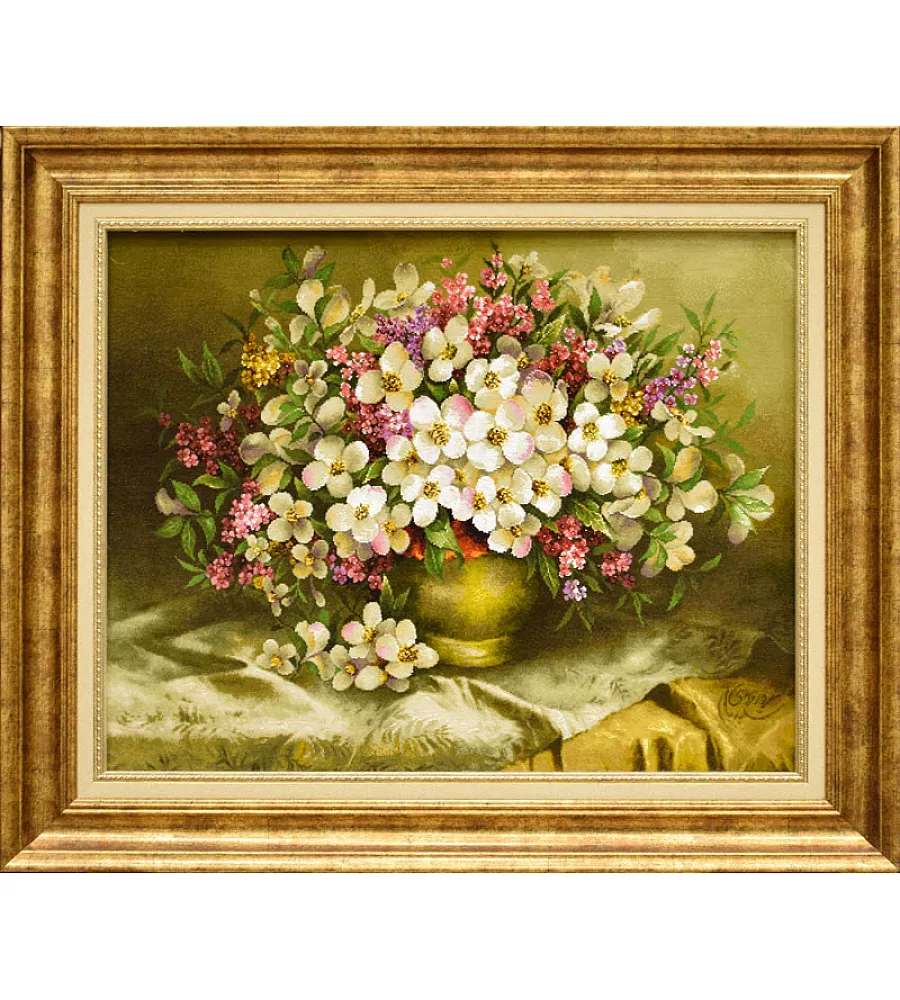 تابلو فرش دستباف طرح گلدان سلطنتی بافت تبریز 