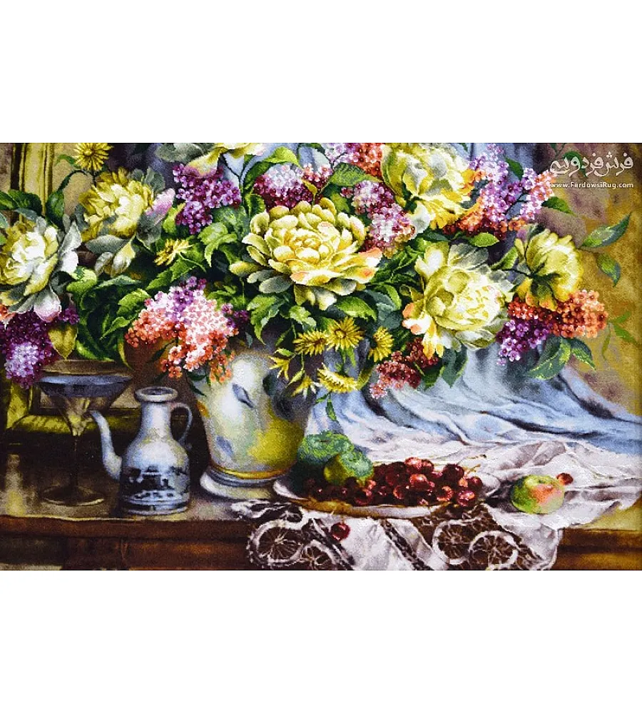 تابلو فرش دستباف طرح گل گیلاس با رنگ های چشم نواز و کیفیت عالی مناسب دکوراسیون منزل تولید شهر تبریز