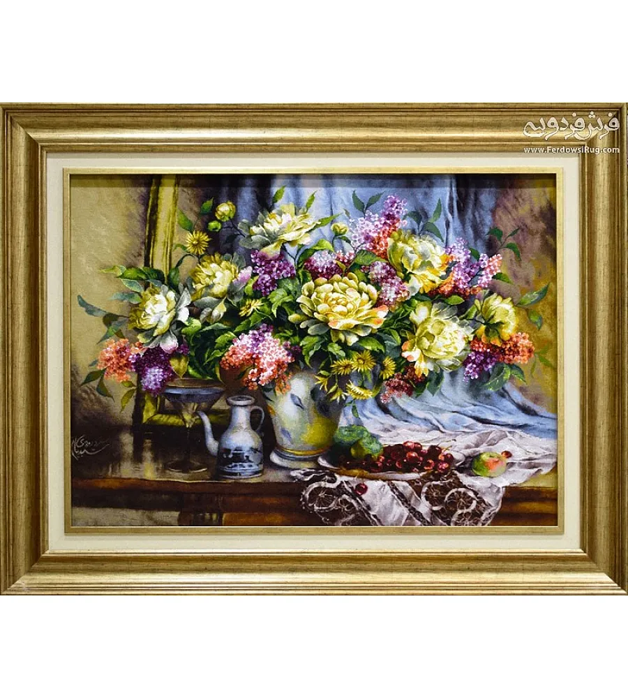 تابلو فرش دستباف طرح گل گیلاس با رنگ های چشم نواز و کیفیت عالی مناسب دکوراسیون منزل تولید شهر تبریز