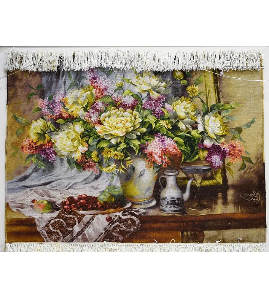 تابلو فرش دستباف طرح گل گیلاس با رنگ های چشم نواز و کیفیت عالی مناسب دکوراسیون منزل تولید شهر تبریز