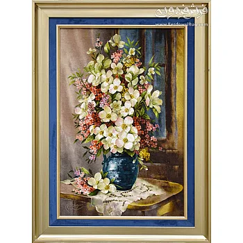 تابلو فرش دستباف طرح گلدان لاجوردی بافت تبریز 