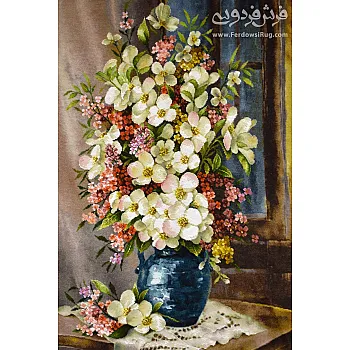 تابلو فرش دستباف طرح گلدان لاجوردی بافت تبریز 