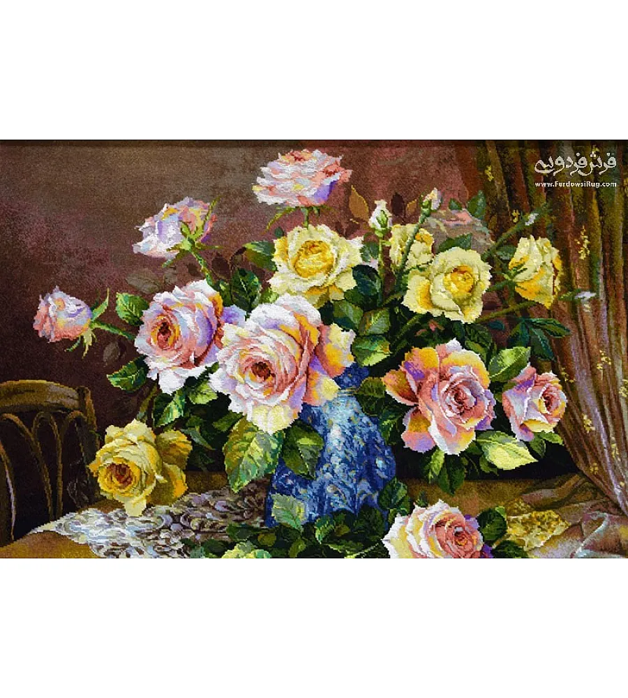 تابلو فرش دستباف تبریز طرح گل رز کاغذی با رنگ های زنده و کیفیت بالا مناسب دکوراسیون منزل