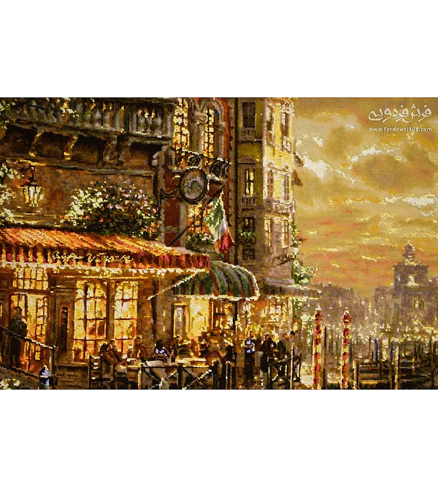 تابلو فرش دستباف طرح غروب طلایی ونیز بافته شده در تبریز مناسب دکوراسیون کلاسیک و مدرن